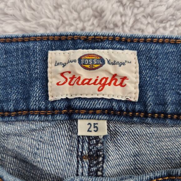 Fossil Jeans Womens Straight Size 25 Dark Wash Denim Stretch Low Rise Raw Hem - Picture 3 of 10